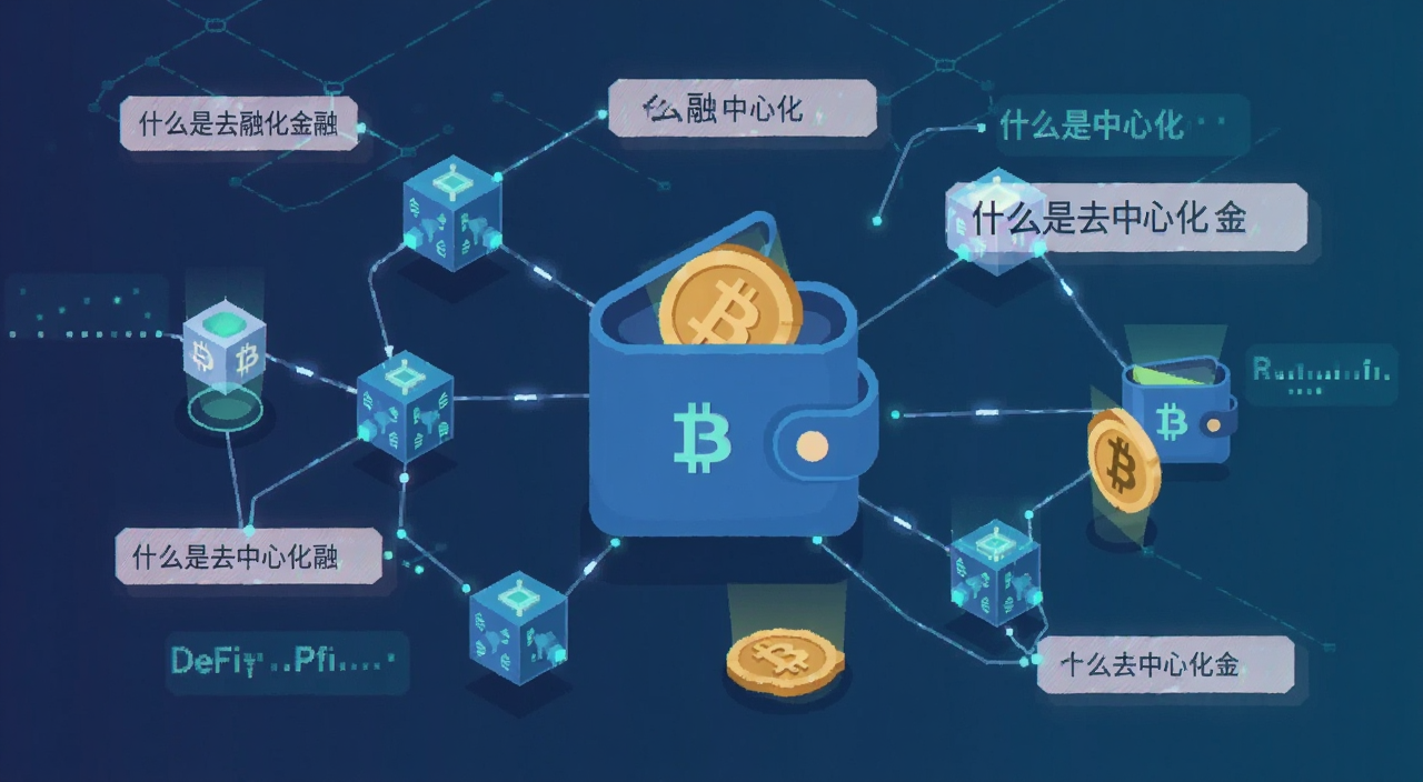 去中心化金融DeFi概念插画,画面中有区块链节点连接、数字钱包、加密货币符号,风格扁平科技感,文字标注什么是去中心化金融