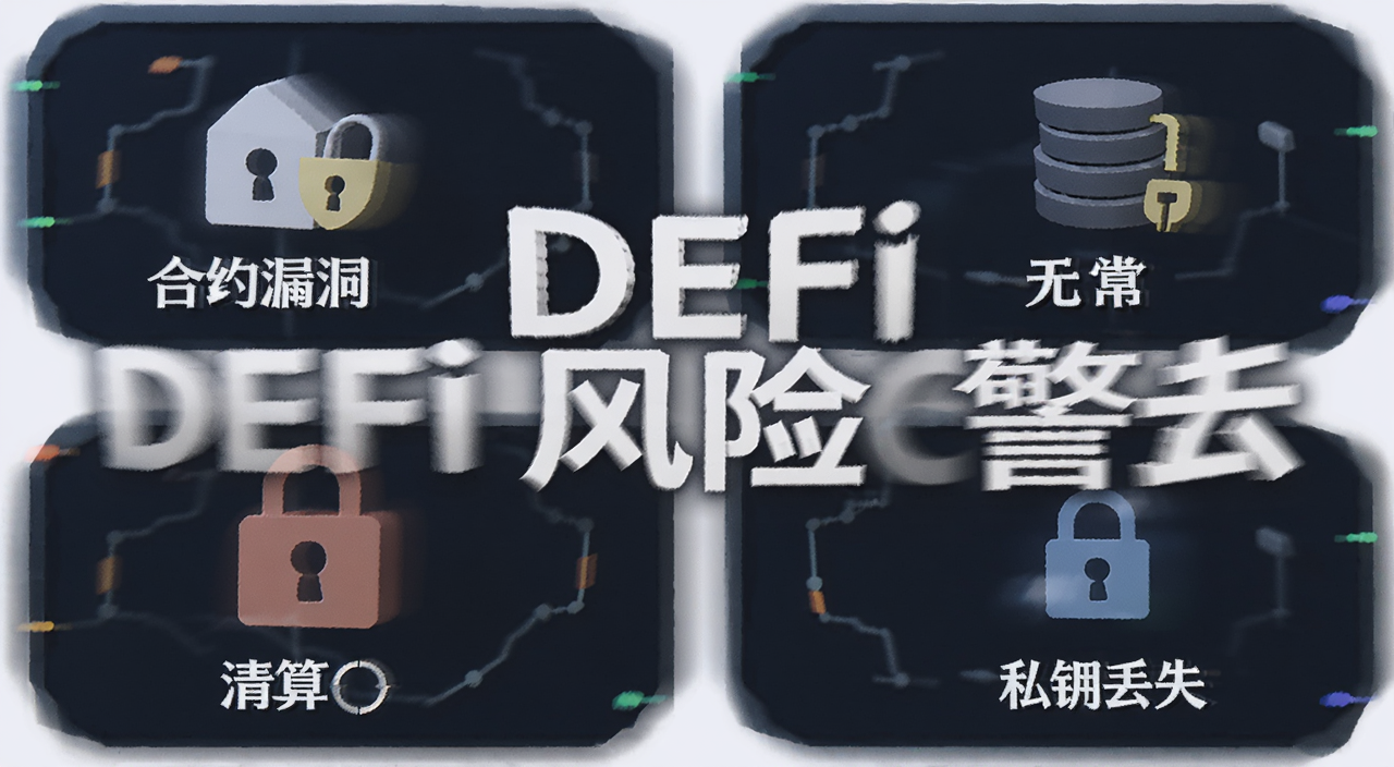 DeFi风险警示图标集合,包括合约漏洞、清算、无常损失、私钥丢失等,去中心化金融关键词突出