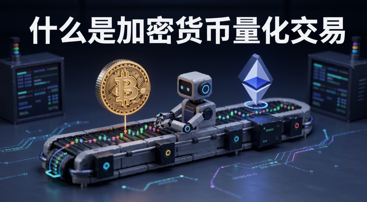 加密货币量化交易入门教程概念图,画面中央是一条自动运行的交易机器人流水线,旁边有比特币和以太坊符号,文字标注“什么是加密货币量化交易”