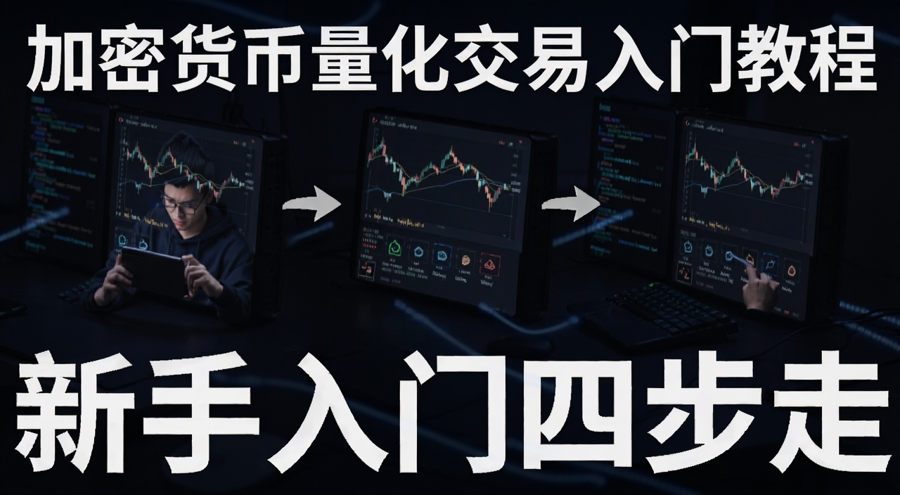 加密货币量化交易新手学习路线图,关键词包含“加密货币量化交易入门教程”,文字标注“新手入门四步走”