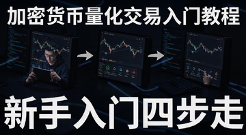 加密货币量化交易新手学习路线图,关键词包含“加密货币量化交易入门教程”,文字标注“新手入门四步走”