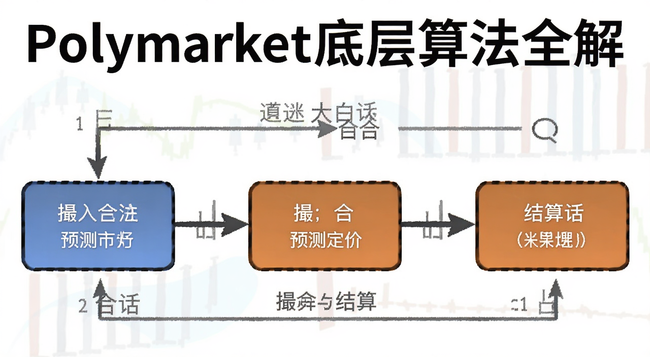 Polymarket底层算法全解大白话示意图,图中用简单流程图展示预测市场定价、撮合与结算三个环节,配文字“Polymarket底层算法全解”