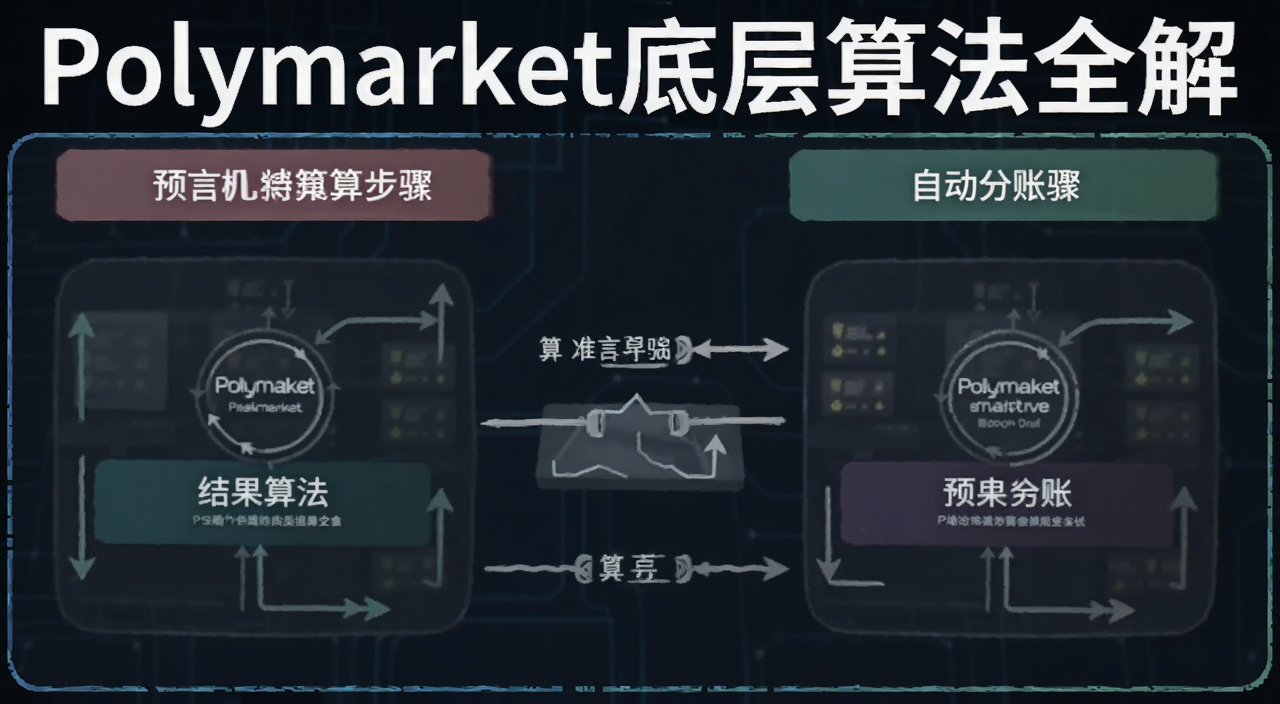 Polymarket底层算法之预言机结算流程,图中展示结果确认与自动分账步骤,标注“Polymarket底层算法全解”
