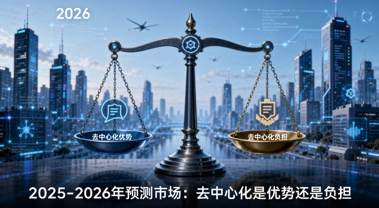 去中心化预测市场概念图,画面中央是一个天平,左边写着去中心化优势,右边写着去中心化负担,背景是2026年科技感城市,图片下方标注“2025-2026年预测市场:去中心化是优势还是负担”