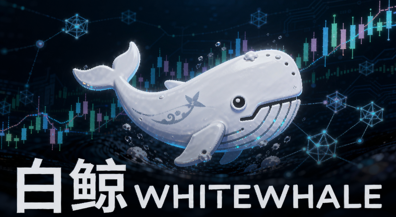 加密货币海洋中一头巨大的白色鲸鱼图标代表WHITEWHALE代币,背景是K线图和区块链节点,画面带科技感,文字标注“白鲸”和“WHITEWHALE”