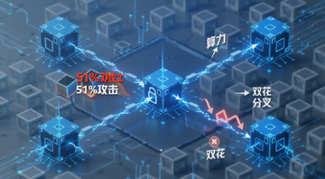 区块链51%攻击原理示意图,图中标注“51%攻击”“算力”“分叉”“双花”等文字,风格科技感蓝色调