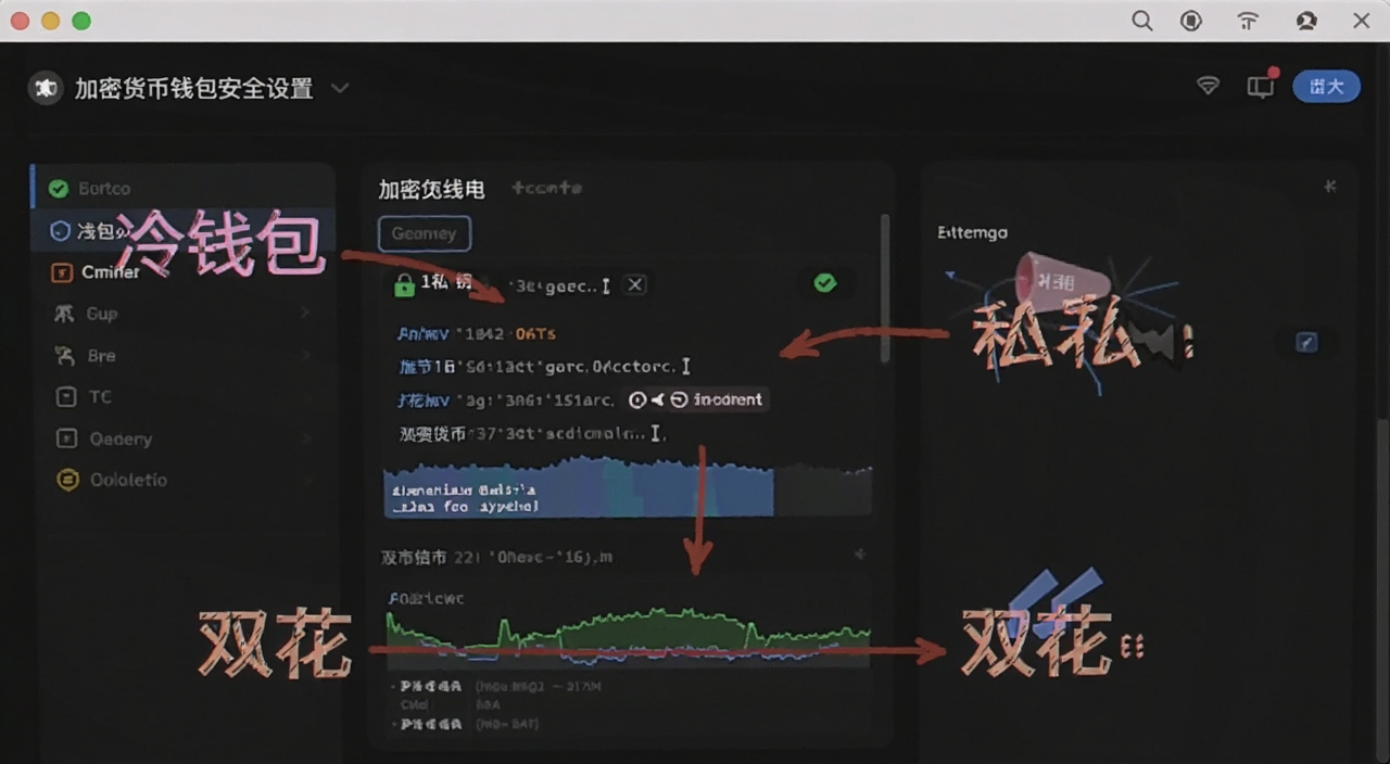 加密货币钱包安全设置界面截图,标注“冷钱包”“私钥”“双花”等文字