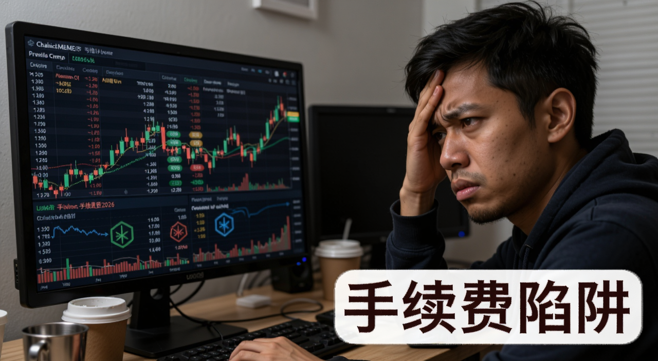 炒链上MEME币亏钱真相2026手续费陷阱,一个散户盯着电脑屏幕上密密麻麻的交易记录和手续费明细,表情无奈,画面带有区块链和K线元素,文字标注“手续费陷阱”