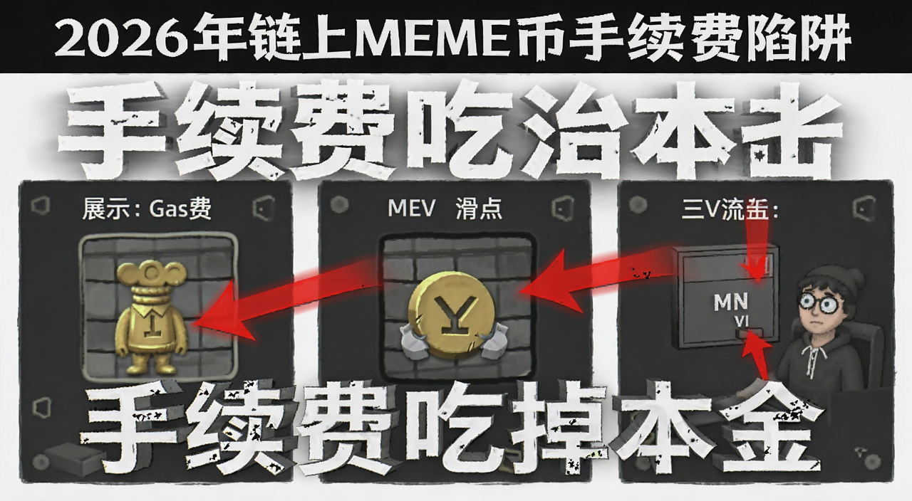 2026年链上MEME币手续费陷阱,展示Gas费、滑点、MEV三明治攻击的示意图,红色箭头标注资金流失,文字“手续费吃掉本金”