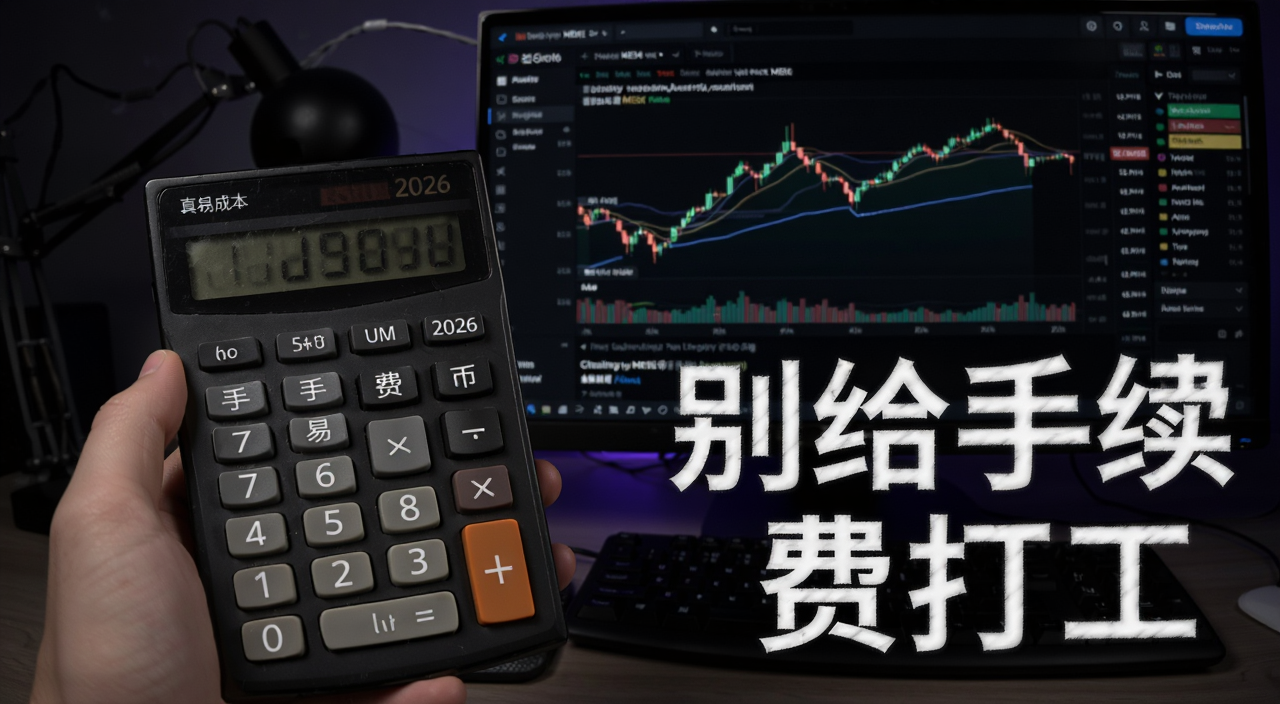炒链上MEME币亏钱真相2026,一个交易者用计算器算手续费和滑点成本,旁边写着“别给手续费打工”,背景是链上交易界面