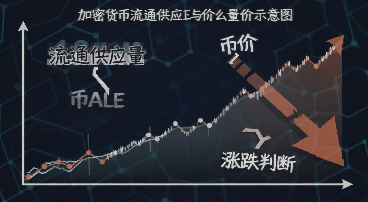 加密货币流通供应量是什么与币价关系判断涨跌的示意图,图中标注“流通供应量”“币价”“涨跌判断”等文字