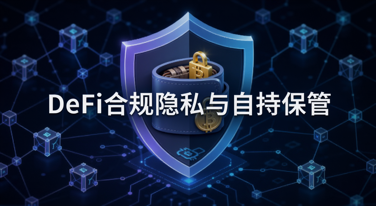 去中心化金融DeFi合规隐私与自持保管概念图,画面中有一个盾牌保护着数字货币钱包,背景是区块链网络节点,风格简洁科技感,图片中央用文字标注“DeFi合规隐私与自持保管”