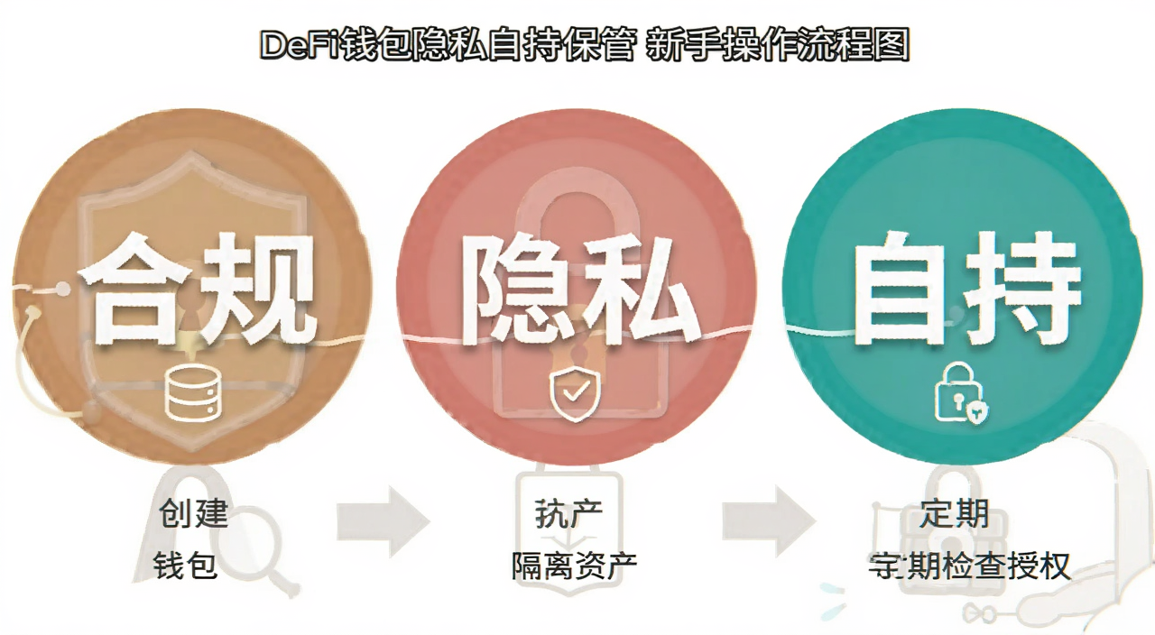 DeFi合规隐私自持保管新手操作流程图,画面展示从创建钱包到隔离资产再到定期检查授权的步骤,风格简洁明了,用文字标注“合规”“隐私”“自持”三个核心词