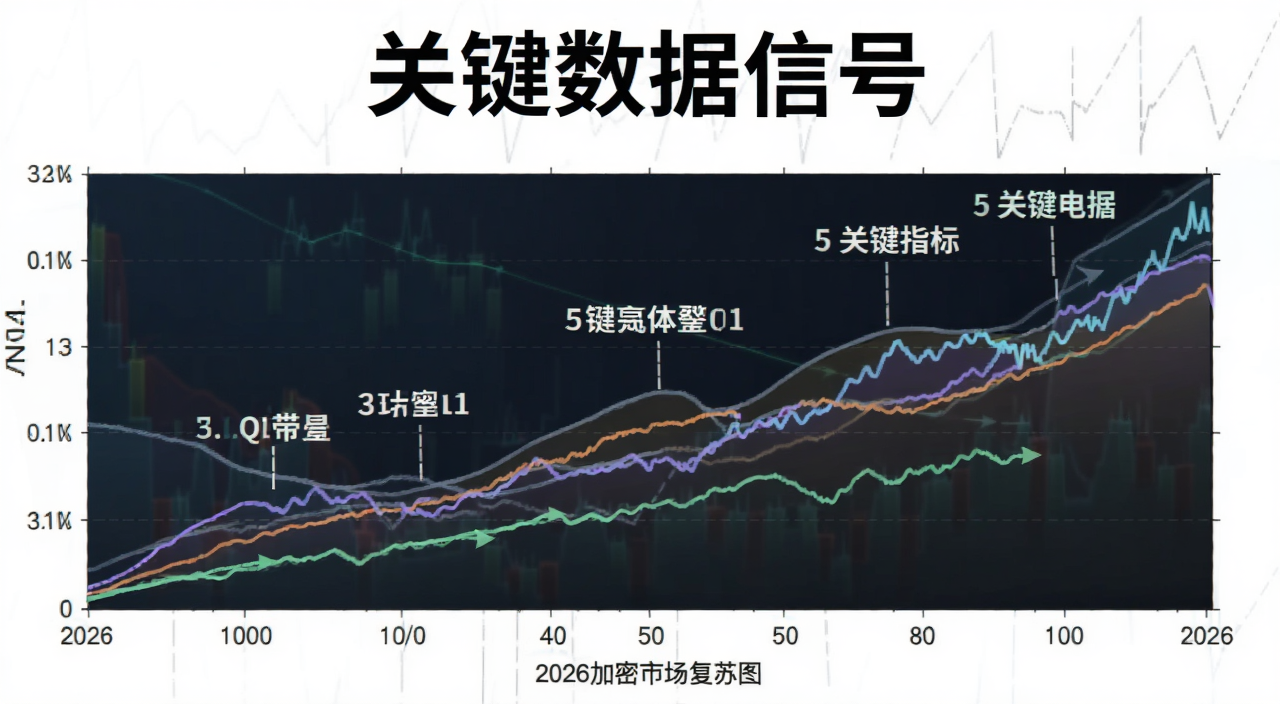 2026加密市场复苏数据信号走势图,图中标注5个关键指标曲线,文字写“关键数据信号”
