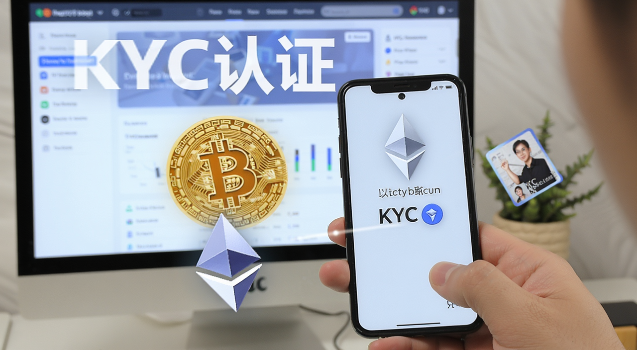 什么是加密货币中的KYC?加密交易安全操作指南,一个普通用户拿着身份证对着手机做KYC认证,旁边有比特币和以太坊图标,背景是交易所界面,画面要有“KYC认证”文字标注