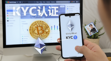 什么是加密货币中的KYC?加密交易安全操作指南,一个普通用户拿着身份证对着手机做KYC认证,旁边有比特币和以太坊图标,背景是交易所界面,画面要有“KYC认证”文字标注