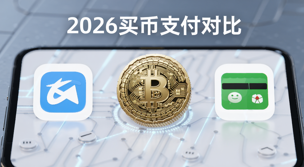 2026年买币支付方式对比,画面展示支付宝微信银行卡三种支付图标排列在手机屏幕上,中间有数字货币符号,风格简洁科技感,文字标注“2026买币支付对比”