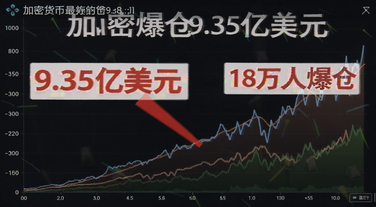 加密货币最新爆仓9.35亿美元数据走势图,图中标注“9.35亿美元”“18万人爆仓”字样
