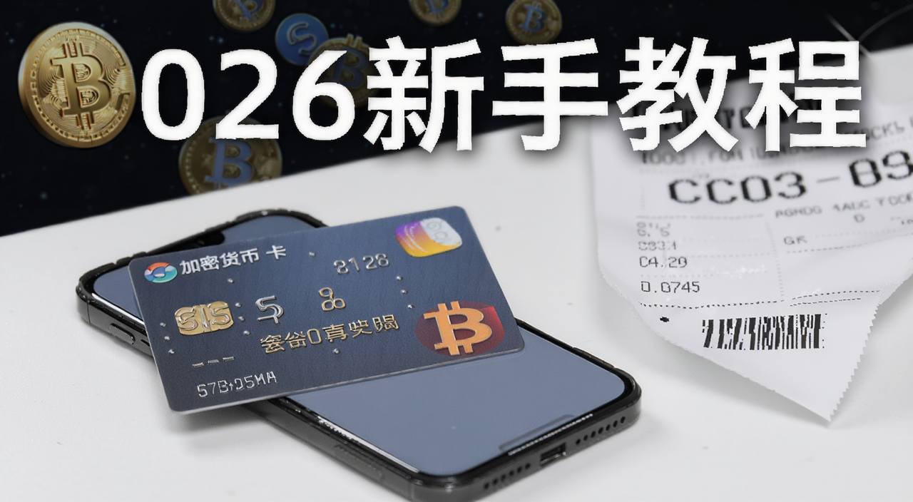 加密货币签帐卡是什么 一张实体卡放在手机旁边 背景是数字货币图标和消费小票 画面简洁 带文字“2026新手教程”