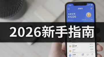 加密货币签帐卡 手机APP界面 显示余额和交易记录 带文字“2026新手指南”