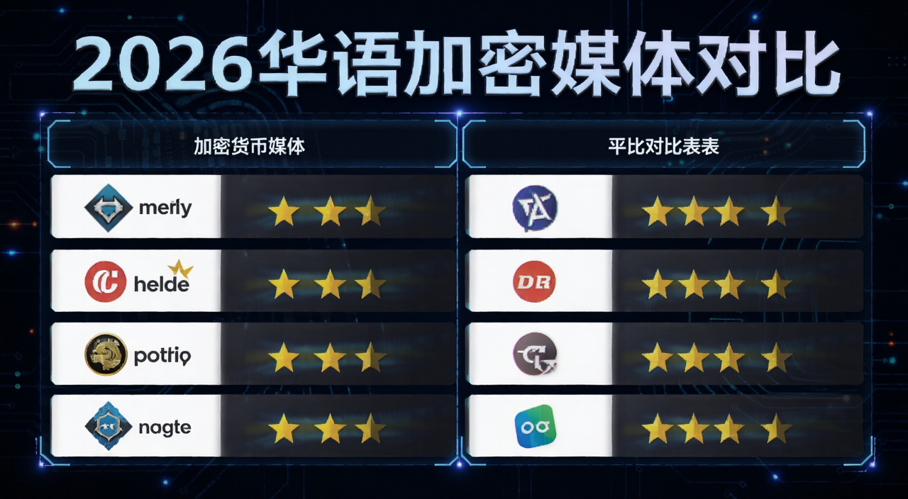 加密货币新闻媒体平台对比表格示意图,包含多个平台logo和评分星级,背景为深色科技风格,标注“2026华语加密媒体对比”字样