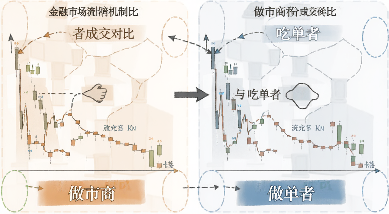 做市商和吃单者是什么意思 金融市场流动性机制图解,图中文字标注做市商报价与吃单者成交对比