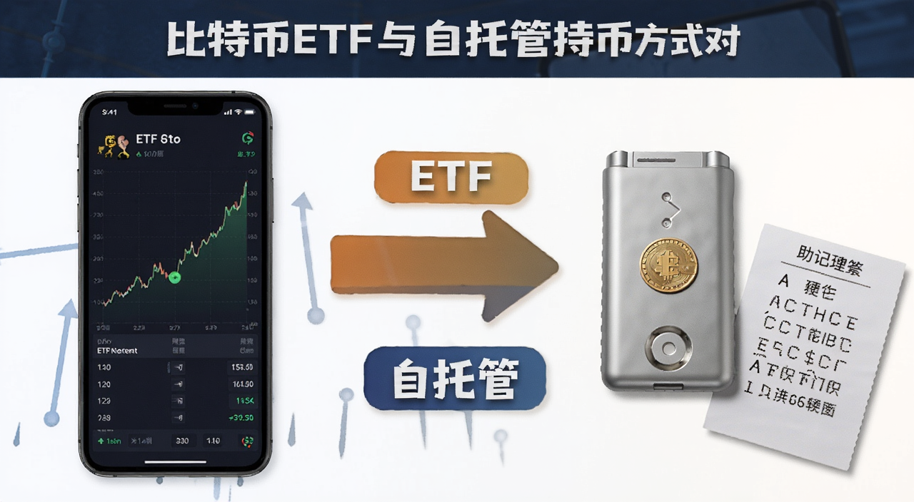 比特币ETF与自托管持币方式对比插图,画面左侧是手机屏幕上显示ETF基金走势图,右侧是硬件钱包和助记词纸条,中间用箭头连接,文字标注“ETF”和“自托管”