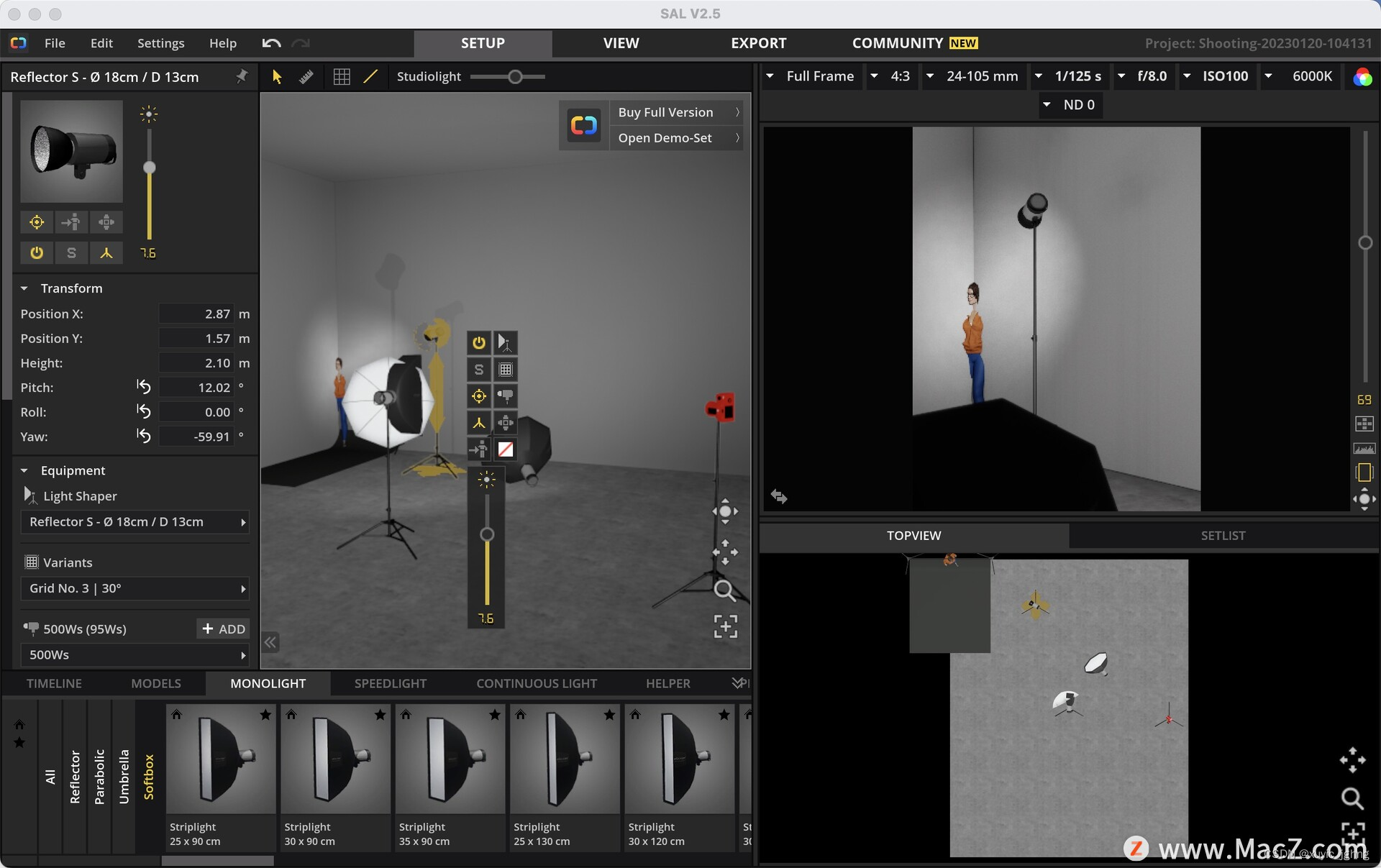 set.a.light 3D for Mac(3D摄影棚模拟布光) 界面三大区域标注与灯具拖拽操作演示