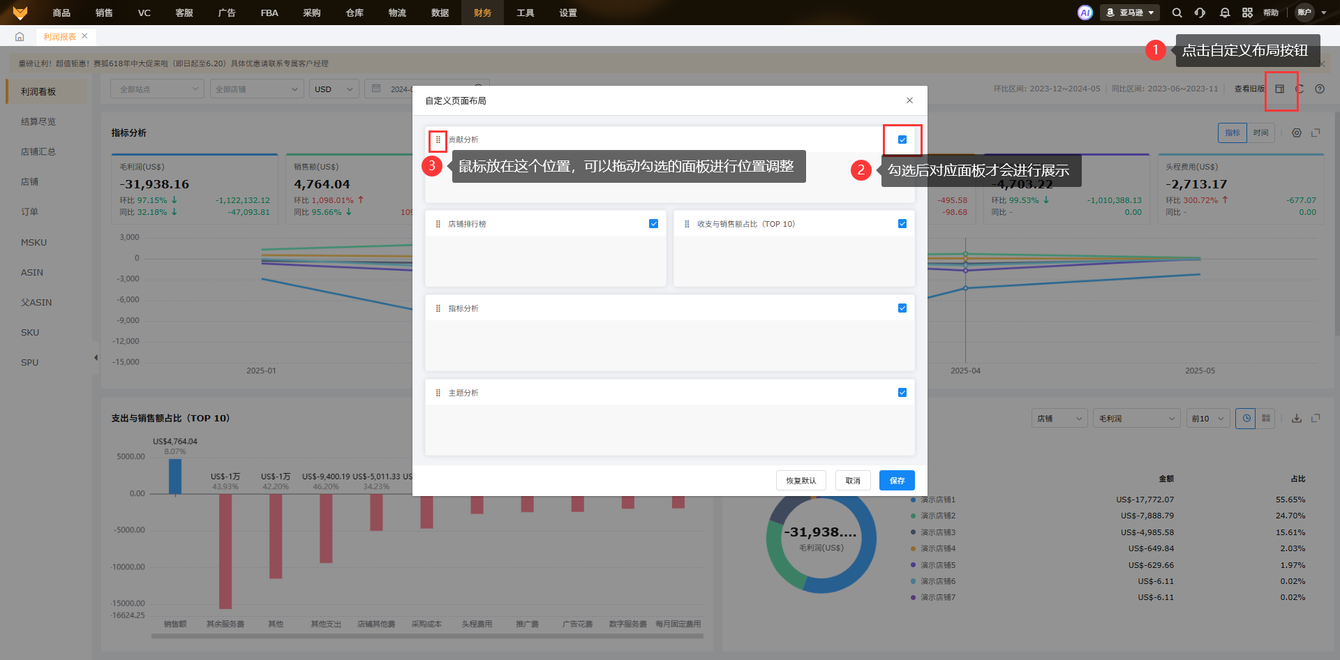 赛狐ERP数据报表与利润分析页面